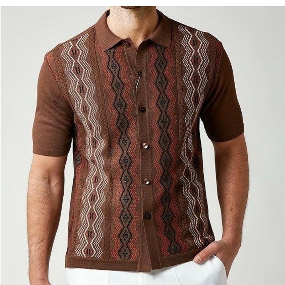 Silversilk Knitted Short Sleeve Button down Polo Shirt 1960s inspired Brown XL